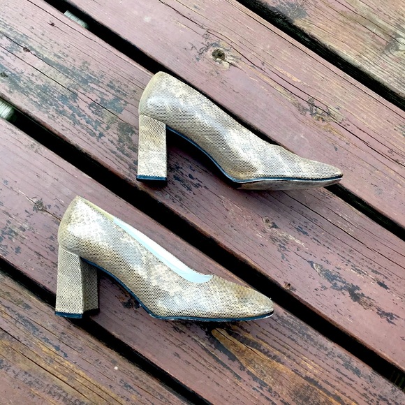 Stuart Weitzman Snake Print Heels Block Heel Gold & Brown Size 7 - Picture 2 of 16